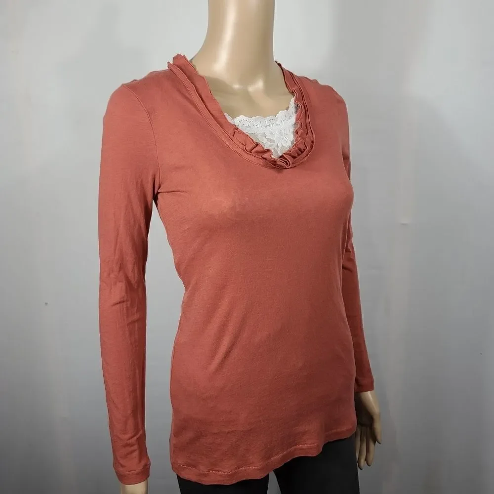 J.crew Burnt Orange long Sleeve Ruffled Neck Top